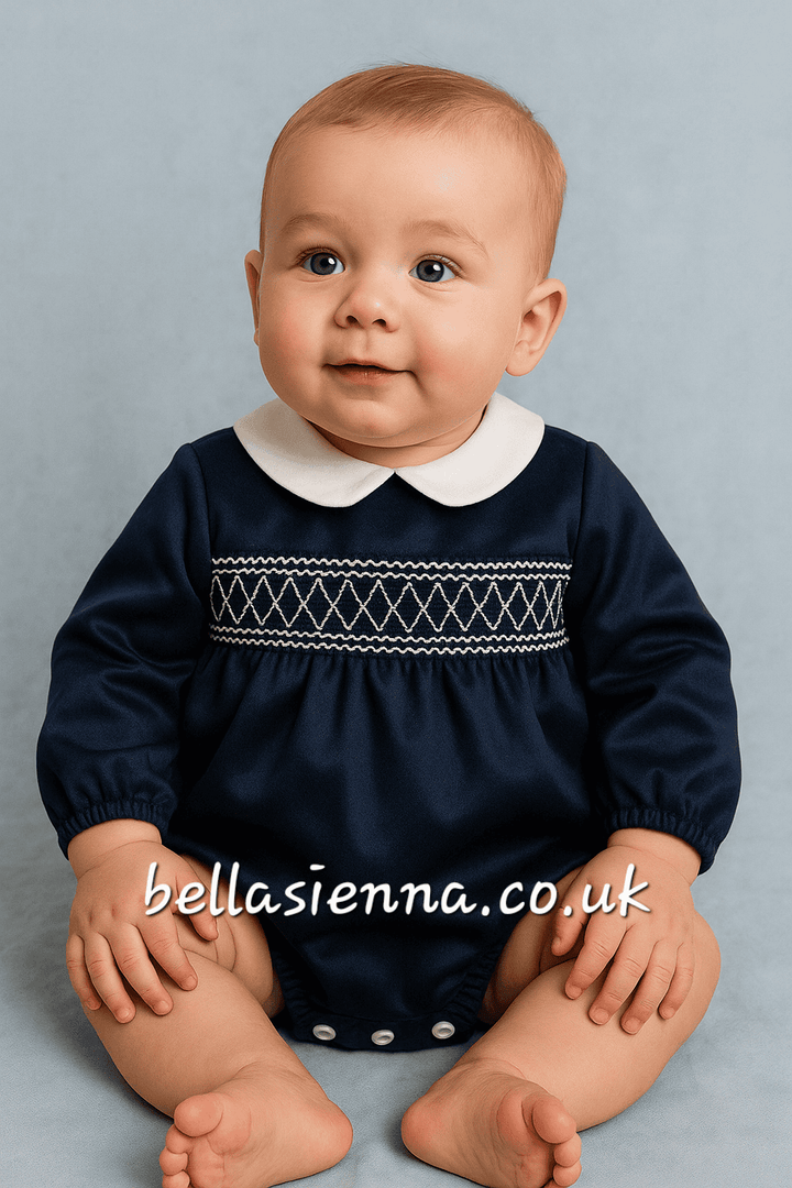 Deolinda Boys Navy & White Luxurious Velvet Smocked Romper - DBI25508