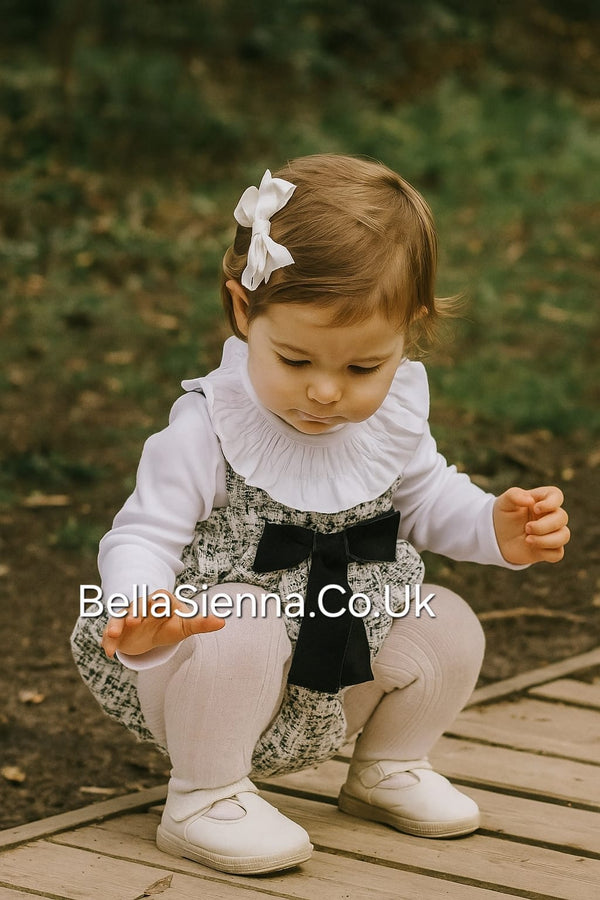 Calamaro Girls Black & White Tweed Romper & Frilly Collar Top Set - 32526