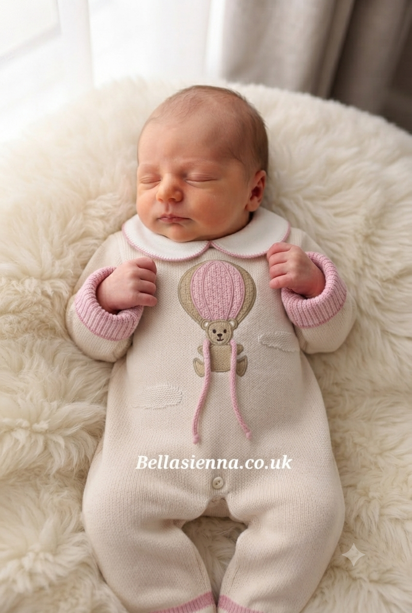 Teddy Bear In Hot Air Balloon All In One Knitted Babygrow Sleepsuit - Pink