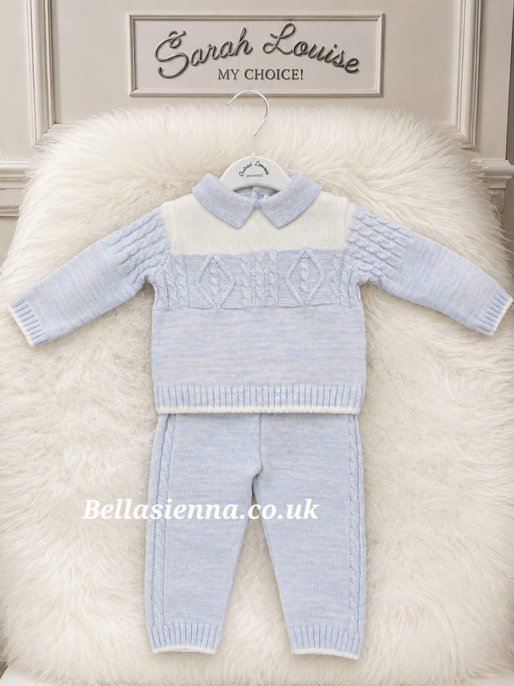 Sarah Louise Boys Winter Ivory & Blue Chunky Knitted Three Piece Set - Jacket & Trouser Set - 008273 & 008276
