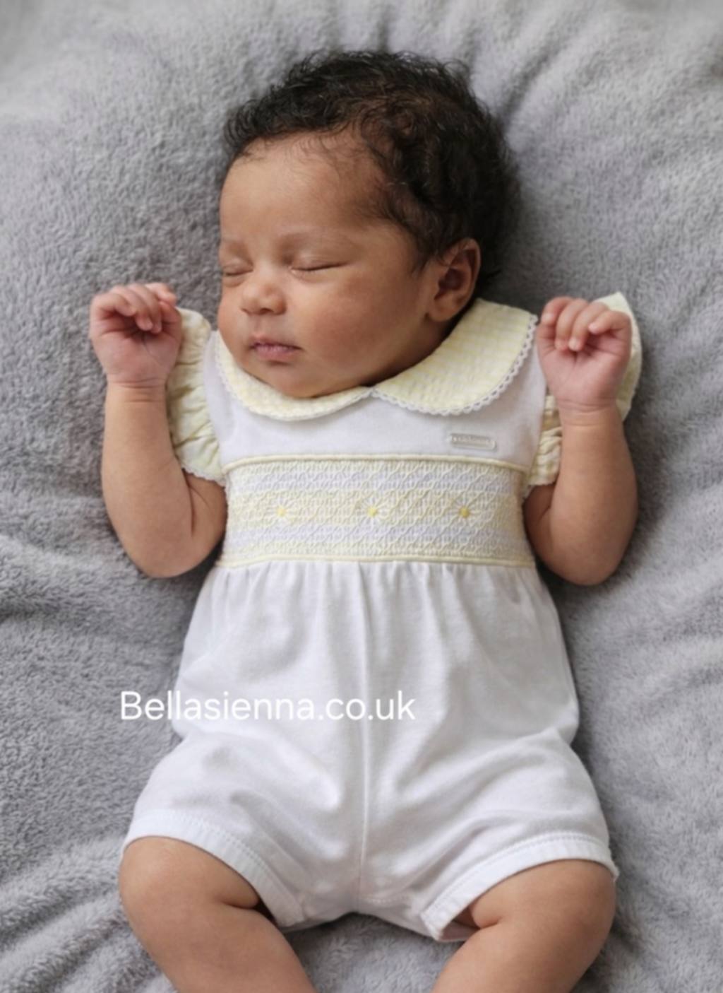 Blues Baby White & Lemon Smocked Seersucker Girls Romper - BB2268
