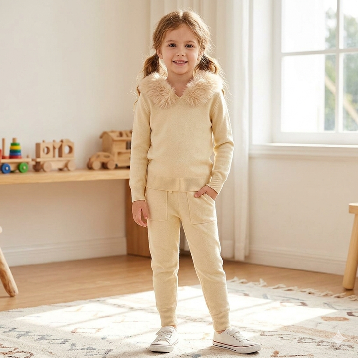 Beige Faux Fur Hood Co-ord Lounge Set - 3002