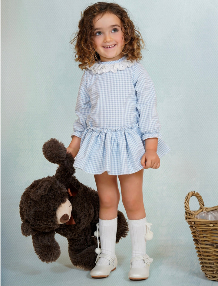 Petit Dbb Girls Two Piece Blue & White Gingham Top & Skirt With Attached Pants - 26301