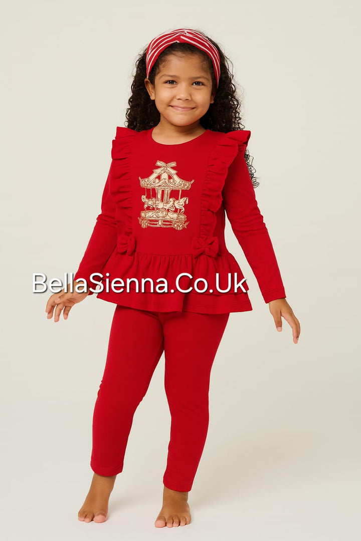 Red Sparkle "Teddy Bear Carousel" Anglaise Leggings Set - YG24