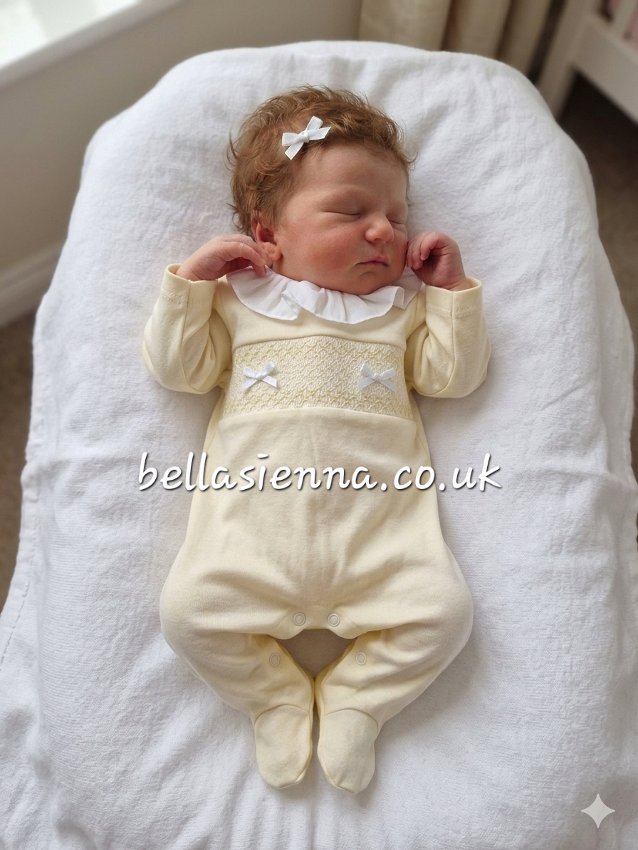 Baby Girls Lemon & White Smocked All In One Babygrow With Bows - SG66