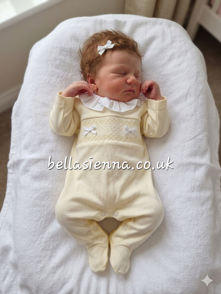 Baby Girls Lemon & White Smocked All In One Babygrow With Bows - SG66