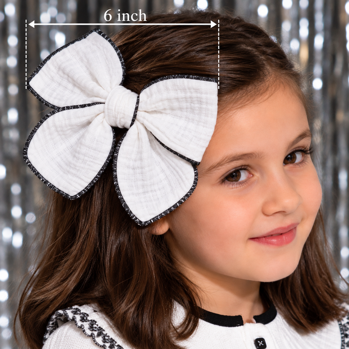 Basmarti Girls White With Black Trim Hair Bow To Match - 26510 & 26513