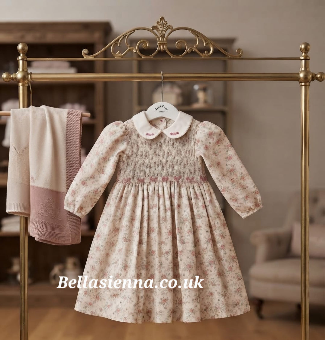 Sarah Louise Girls Ivory & Pink Floral Hand Smocked Dress - 013956