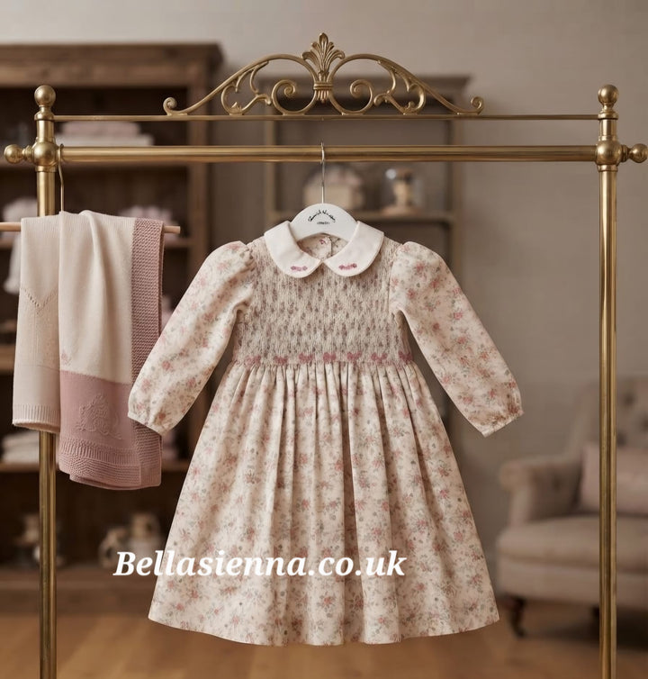 Sarah Louise Girls Ivory & Pink Floral Hand Smocked Dress - 013956
