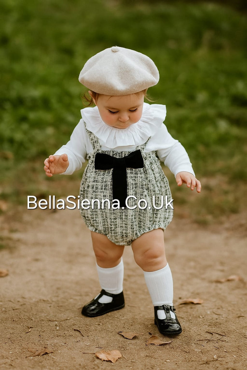 Calamaro Girls Black & White Tweed Romper & Frilly Collar Top Set - 32526