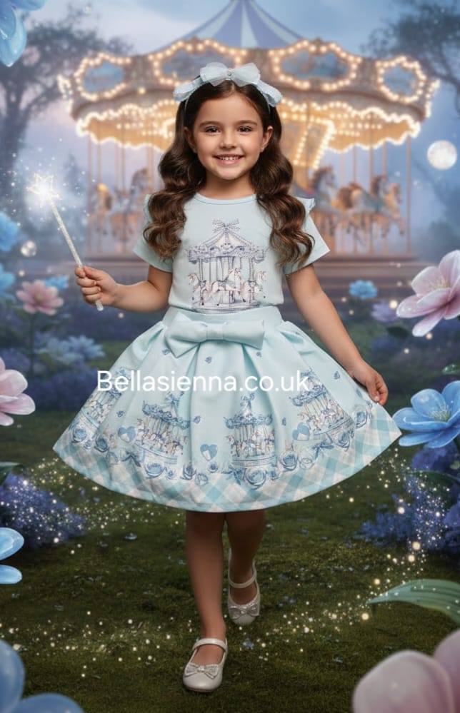Diamond Stone Girls Mint Green "Carousel" Skirt Set With Matching Headband - YG-34