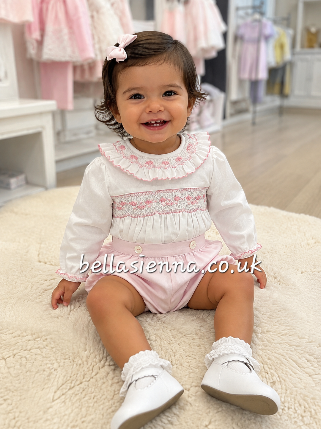 Sarah Louise White & Pink Hand Smocked Two Piece Girls Outfit - 013927