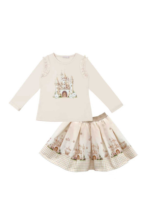 Giorgio Bambini Girls Ivory & Beige "Princess Castle" Long Sleeved Top & Skirt Set - YG-19