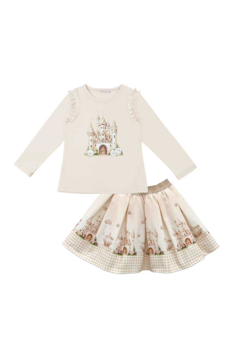 Giorgio Bambini Girls Ivory & Beige "Princess Castle" Long Sleeved Top & Skirt Set - YG-19