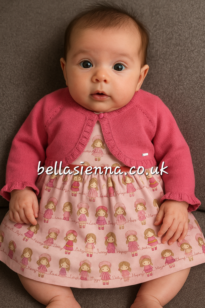 Mayoral Doll Print Pink Dress & Matching Cardigan - 2860