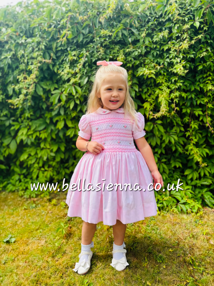 Luxury "Bella Sienna Exclusive" Pink Front & Back Smocked Dress With Built In Underskirt & Matching Hair Band Or Clip & Pants
