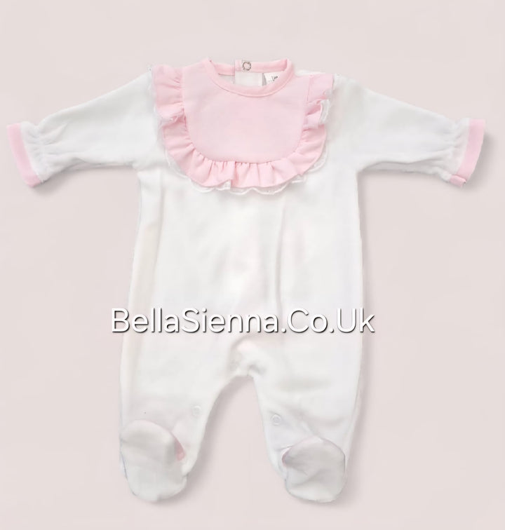 Girls White & Pink Velour All In One Babygrow - SG210-V