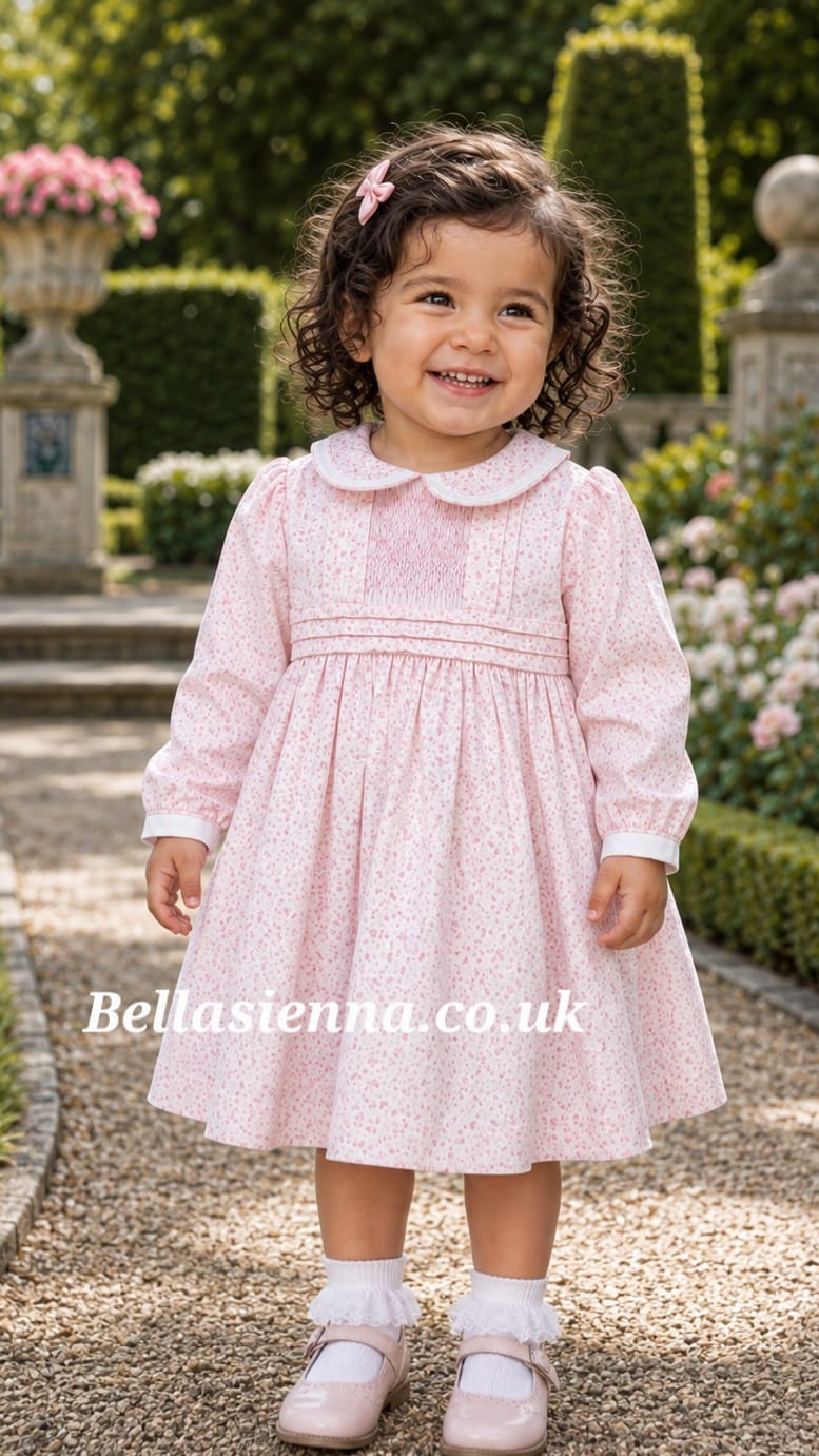 Sarah Louise Girls Pink Floral Hand Smocked Dress - 013937