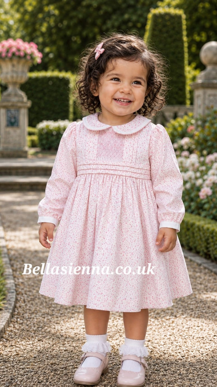 Sarah Louise Girls Pink Floral Hand Smocked Dress - 013937