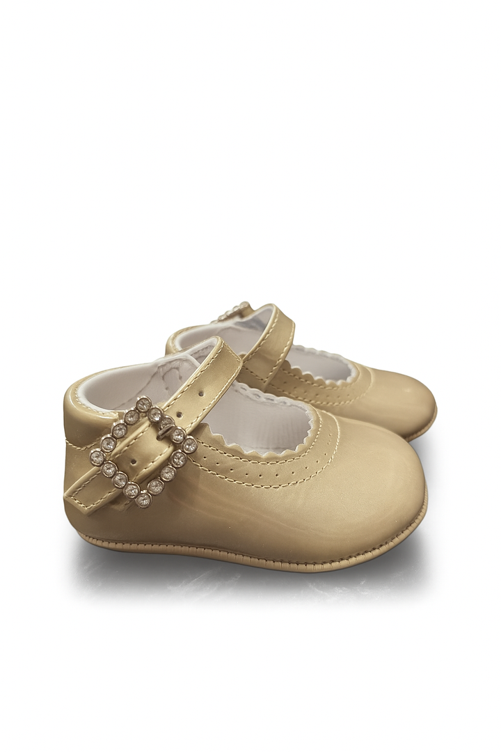 Pretty Originals Girls Taupe / Gold Metallic Patent Leather Pram Shoes With Diamante Buckle - UE02191A (Copy)