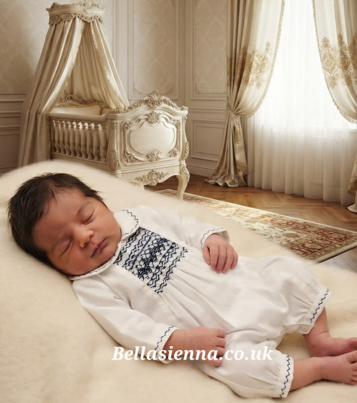 Sarah Louise Boys White & Navy Hand Smocked Romper - 013990