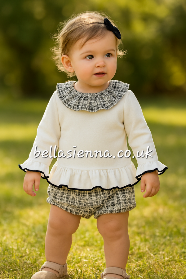 Calamaro Girls Black & White Tweed Blouse & Bloomers Set - 11257