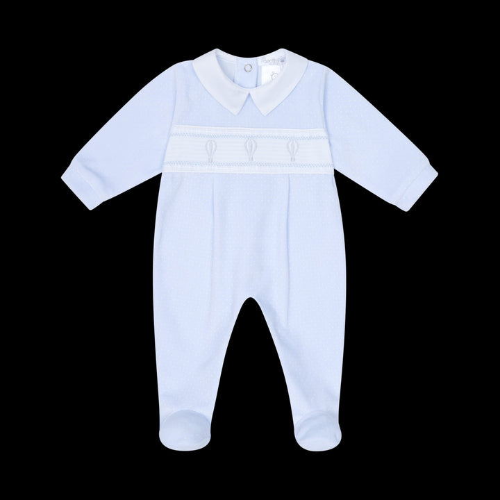 Deolinda  "MAGIC" Baby Boys White & Blue Velour Smocked Babygrow With Embroidered Hot Air Balloons - DBI25105