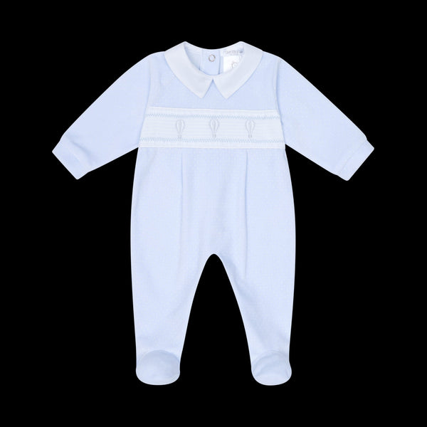 Deolinda Baby Boys White & Blue Velour Smocked Babygrow With Embroidered Hot Air Balloons - DBI25105