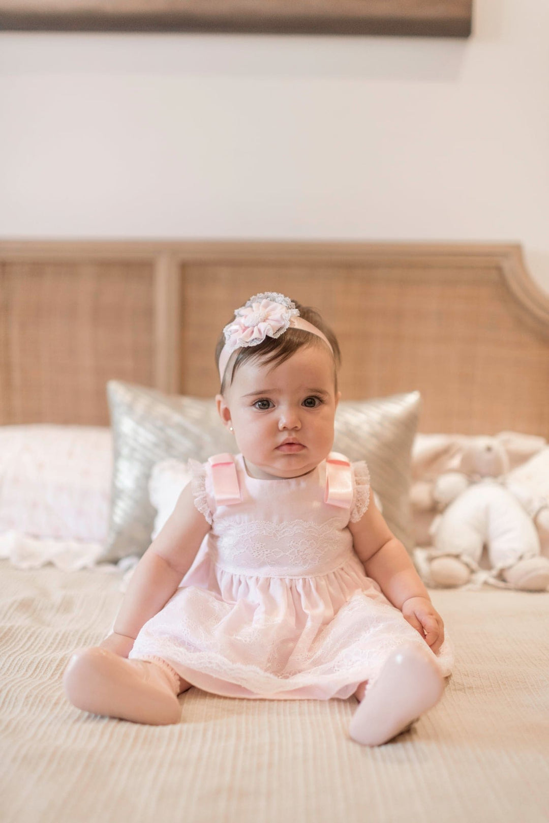 Dolce Petit Girls Pink Lace Dress, Pants Bonnet Set 2009 VBG