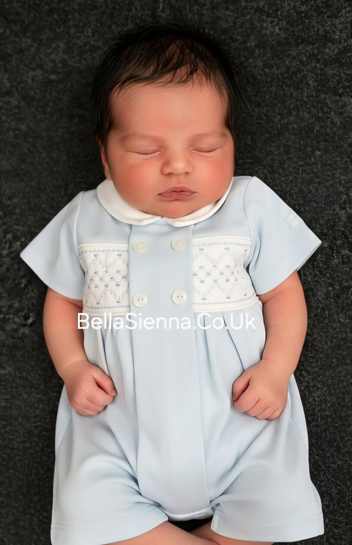 Emile et Rose Boys Baby Blue Smocked Panel With Embroidery Detail Romper - Lawrence
