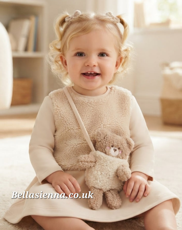 Mayoral Girls Dress With Matching Baby Bear Handbag - 2904 - Tofu