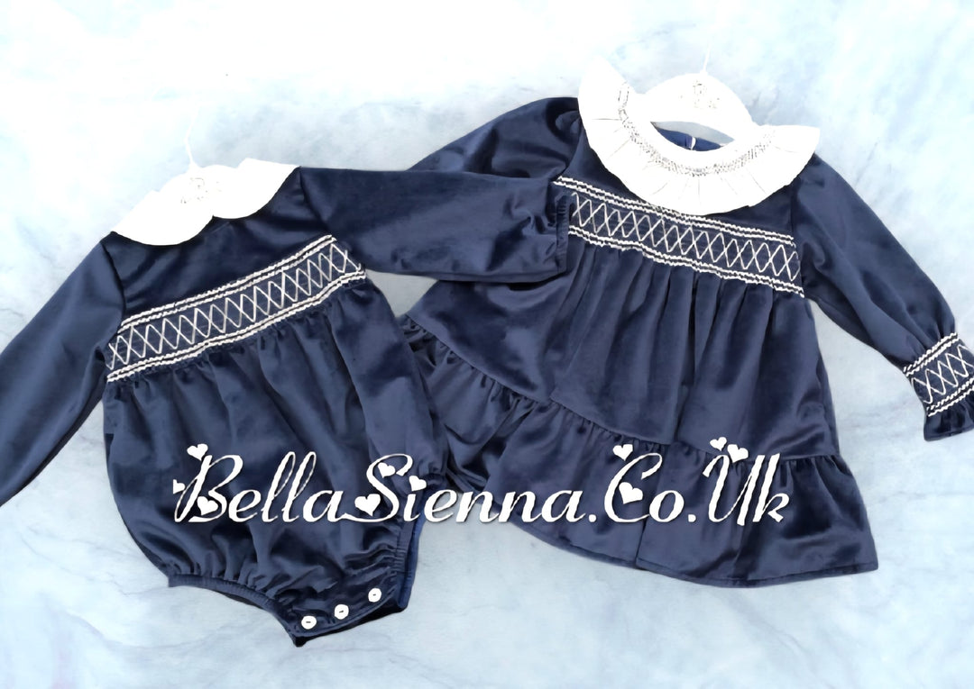Deolinda Girls Navy & White Luxurious Velvet Smocked Dress - DBI25415