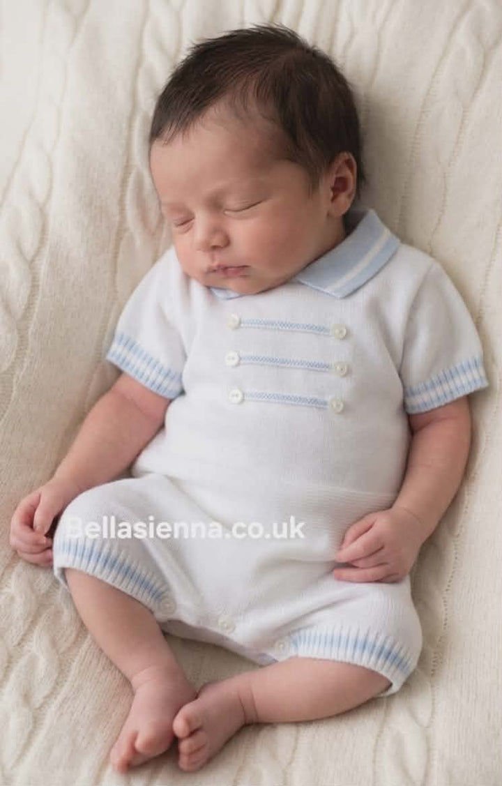 Sarah Louise Baby Boys White & Blue Fine Knit Romper - 008245