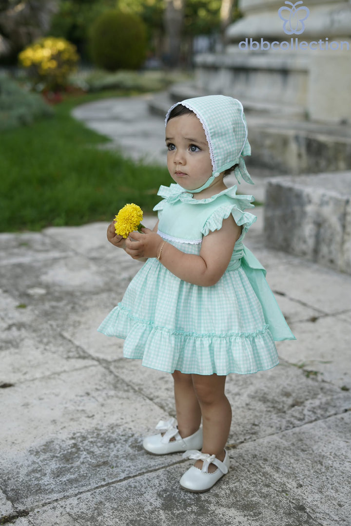 Dbb Collection Baby Girls Mint Gingham Dress, Pants & Bonnet Set With Big Bow - 27601