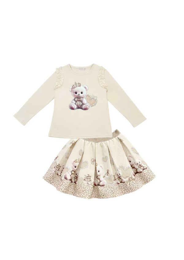 Giorgio Bambini Girls Ivory & Beige "Teddy Bear" Long Sleeved Top & Skirt Set - YG-18