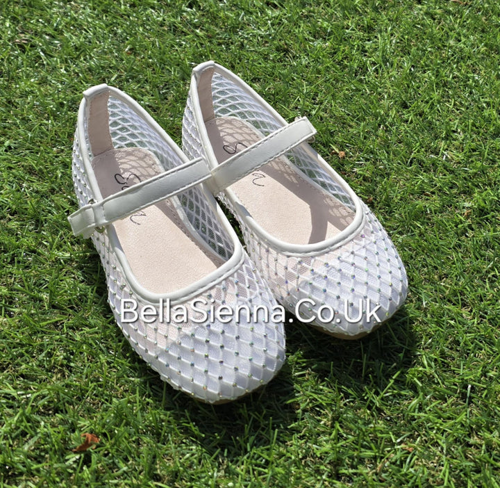 Sevva - "Freya" Ivory Sheer Mary Jane Shoes With Sparkle