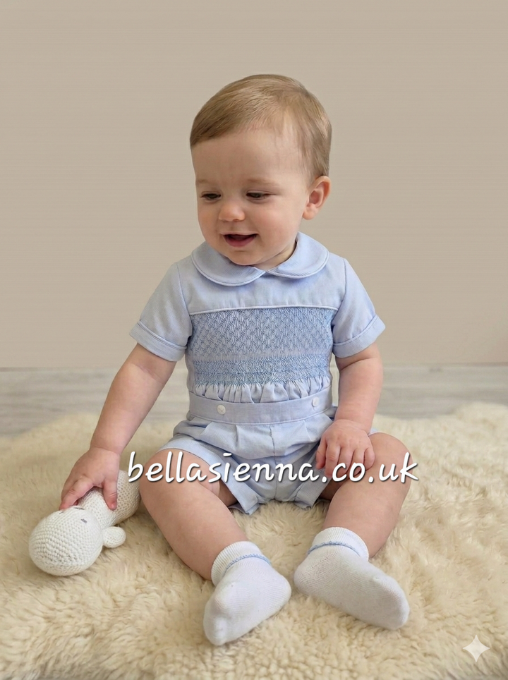 Luxury "Bella Sienna Exclusive" Baby Blue Smocked Boys Outfit