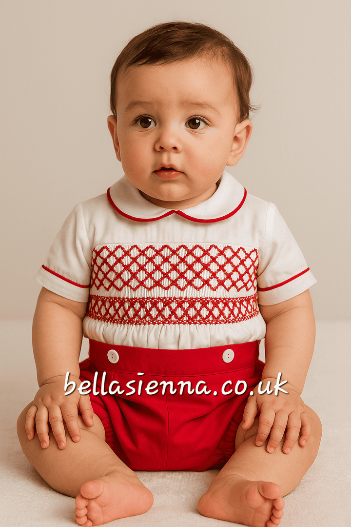 Luxury "Bella Sienna Exclusive" White & Red Smocked Boys Outfit