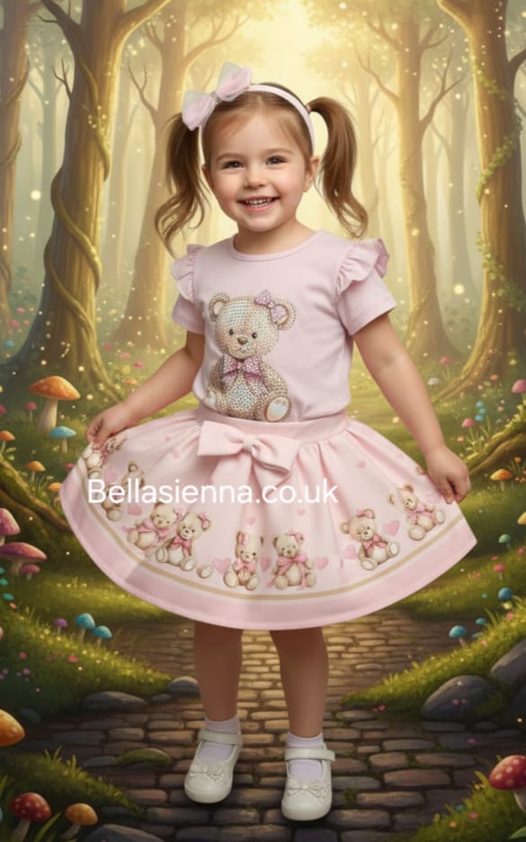 Diamond Stone Girls Pink "Teddy Bear" Skirt Set With Matching Headband - YG-33