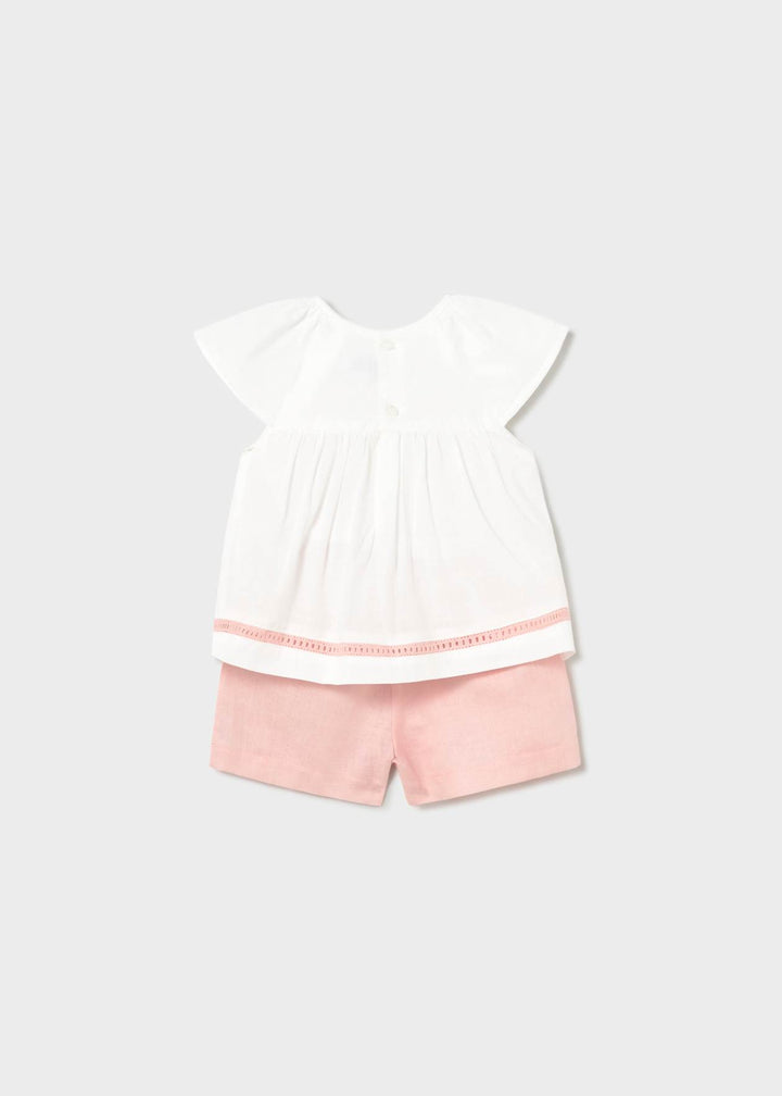 Mayoral Girls Elegant Smocked Shorts Set With Bow - 1212 - 74 - Blossom Pink