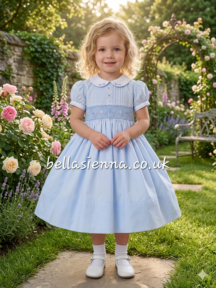 Sarah Louise Blue With Pink Embroidery Hand Smocked Dress - 013829