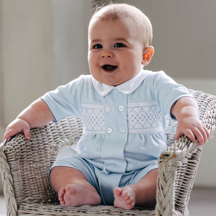 Emile et Rose Boys Baby Blue Smocked Panel With Embroidery Detail Romper - Lawrence