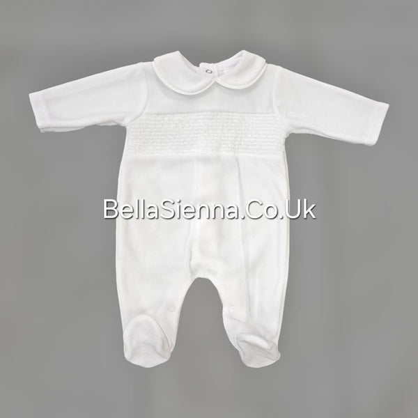 Unisex White Velour Smocked All In One Babygrow - SG68-V