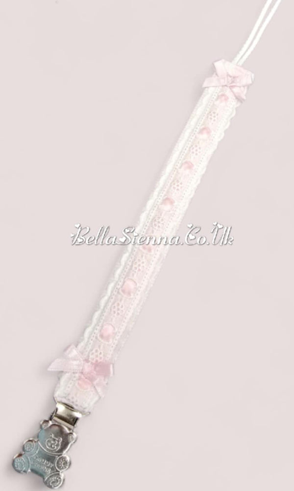 Pink & White Lace & Ribbon Dummy Chain With Silver Teddy Bear