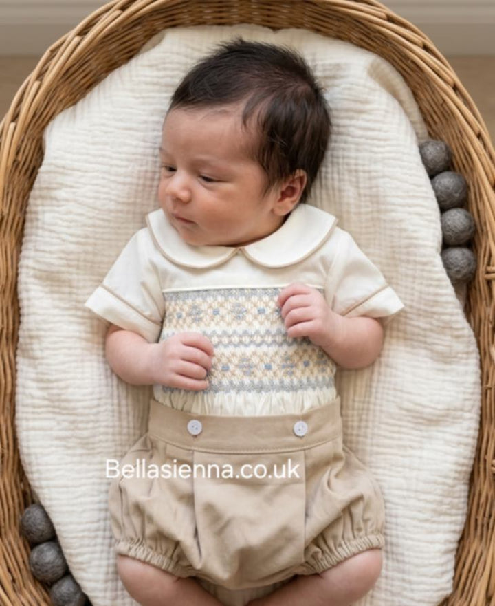 Bella Sienna "EXCLUSIVE" Boys Hand Smocked Beige, Ivory & Blue Two Piece Bustersuit Outfit