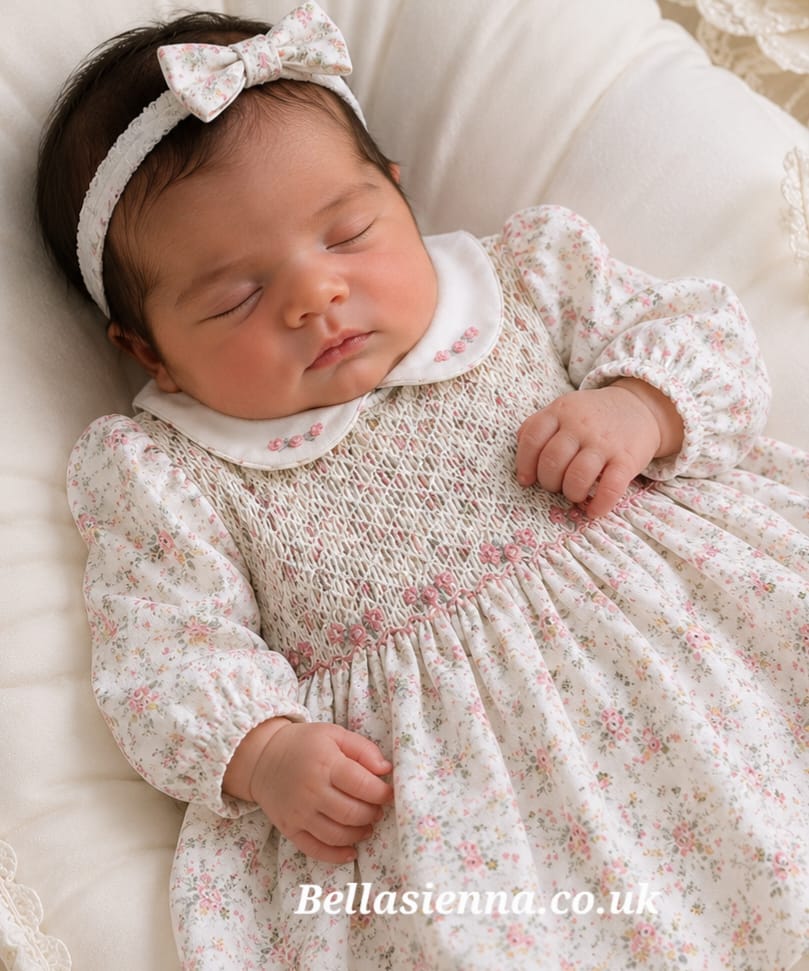 Sarah Louise Girls Ivory & Pink Floral Hand Smocked Dress - 013956