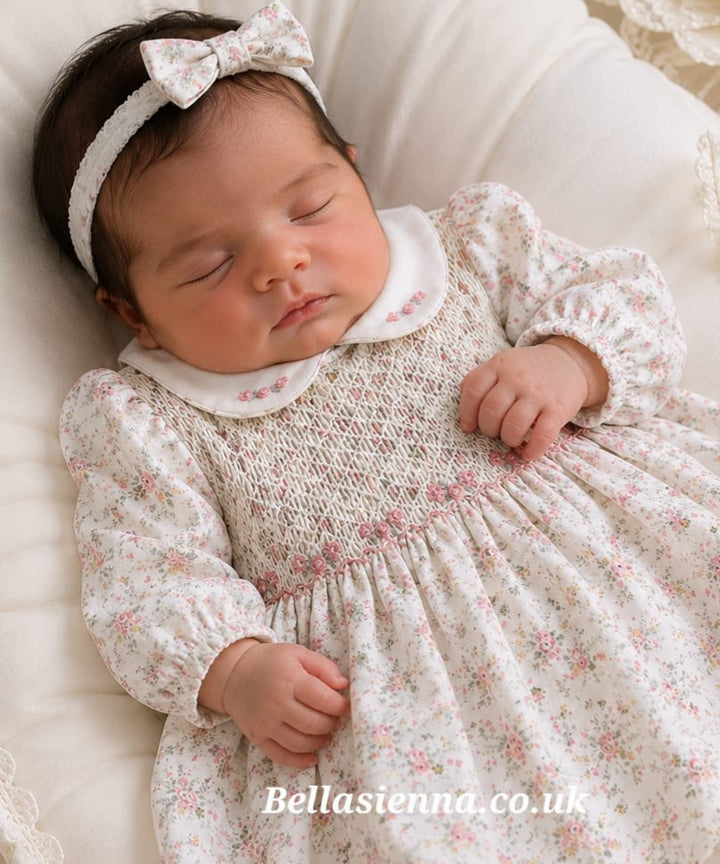Sarah Louise Girls Ivory & Pink Floral Hand Smocked Dress - 013956