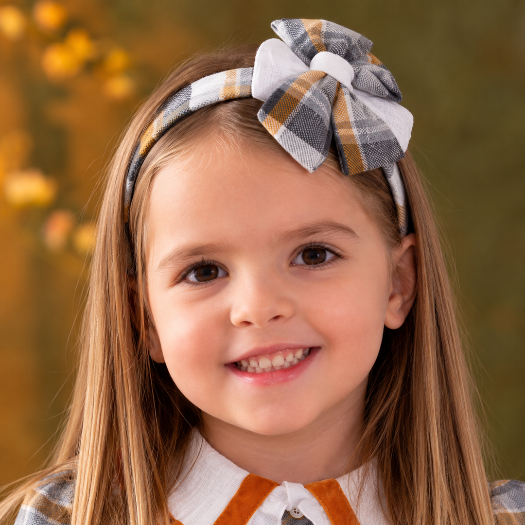 Basmarti Girls Winter Plaid Grey/Brown Bow Headband To Match Dress - 26590