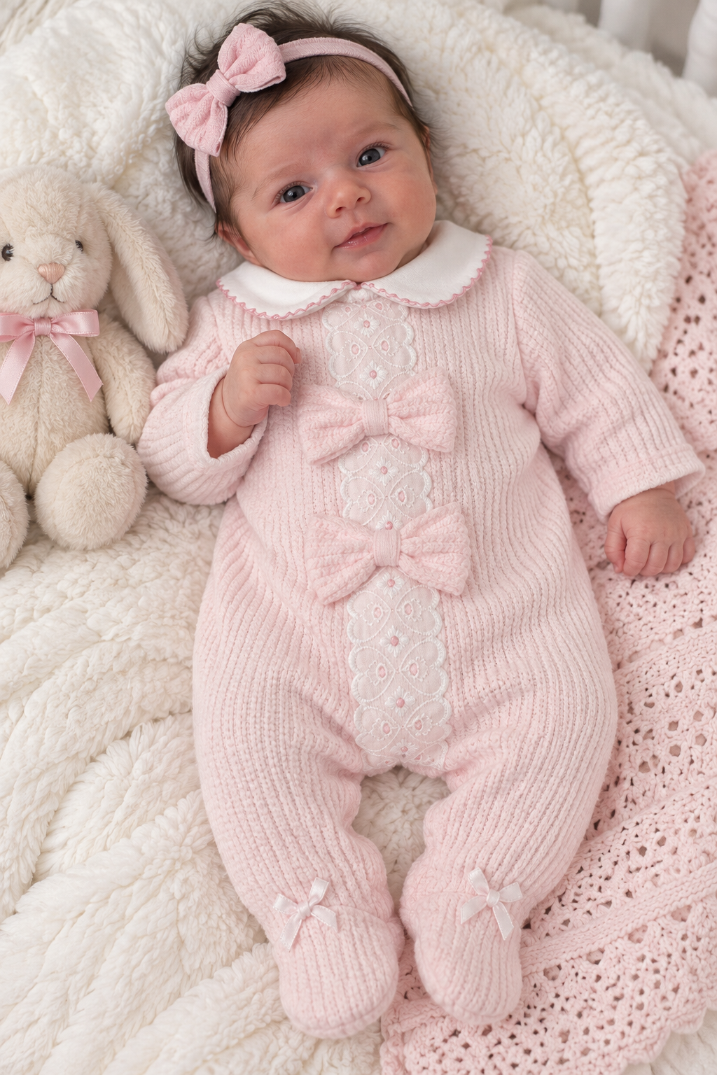 Premature Baby Girls Pink & White All In One Babygrow With Bows - PB-20-757