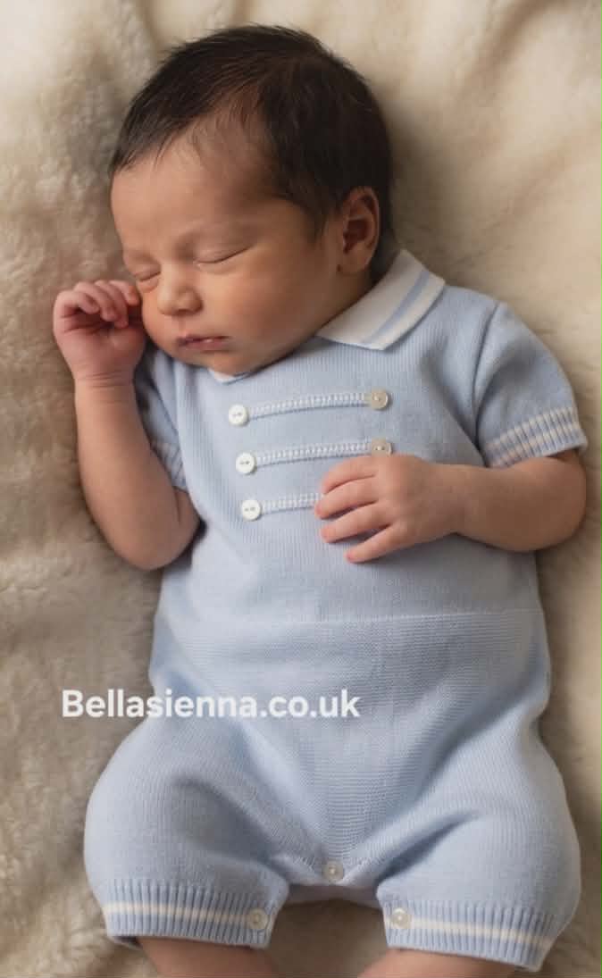Sarah Louise Baby Boys Blue & White  Fine Knit Romper - 008245